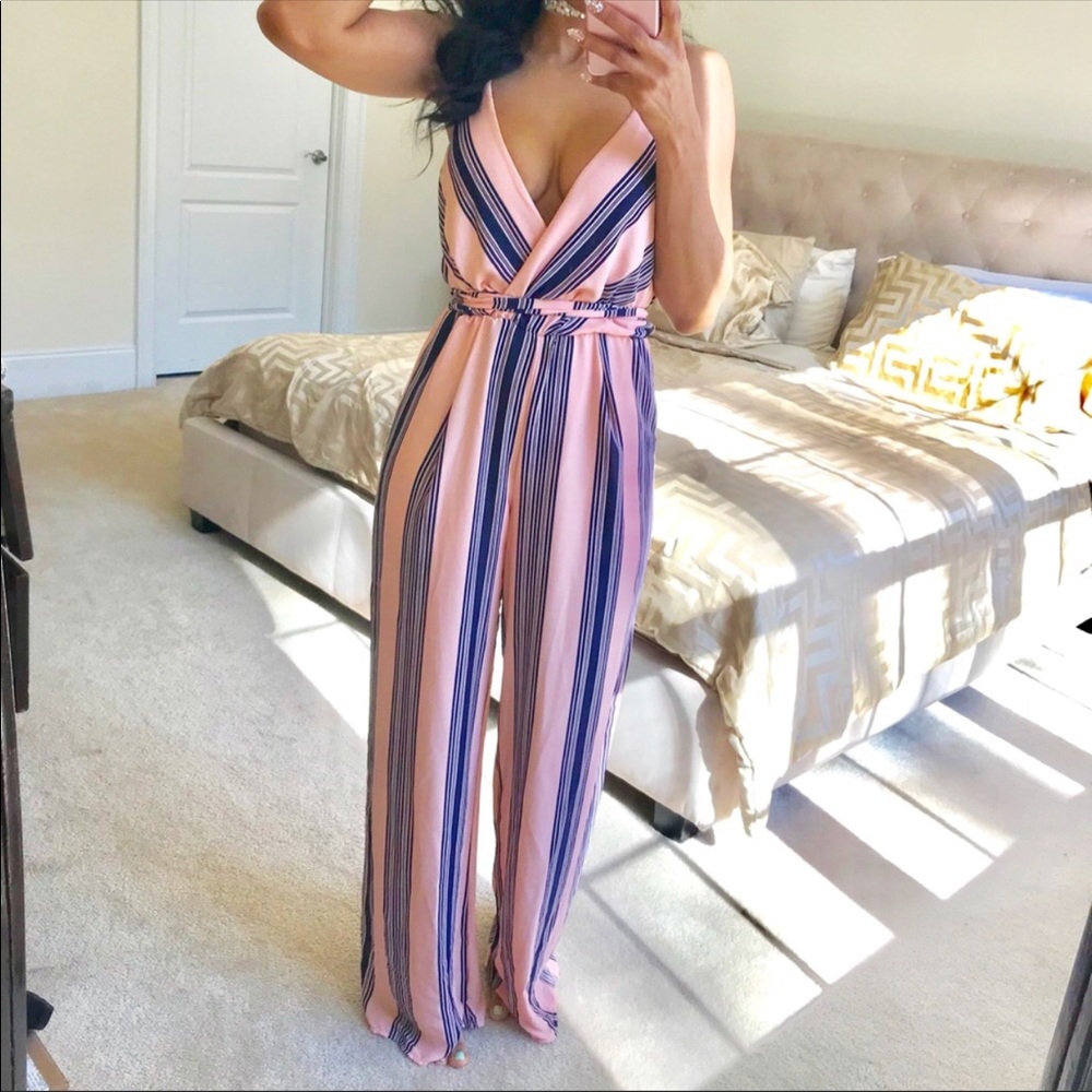 Pink and Navy Stripe Wide Leg Flare Jumpsuit